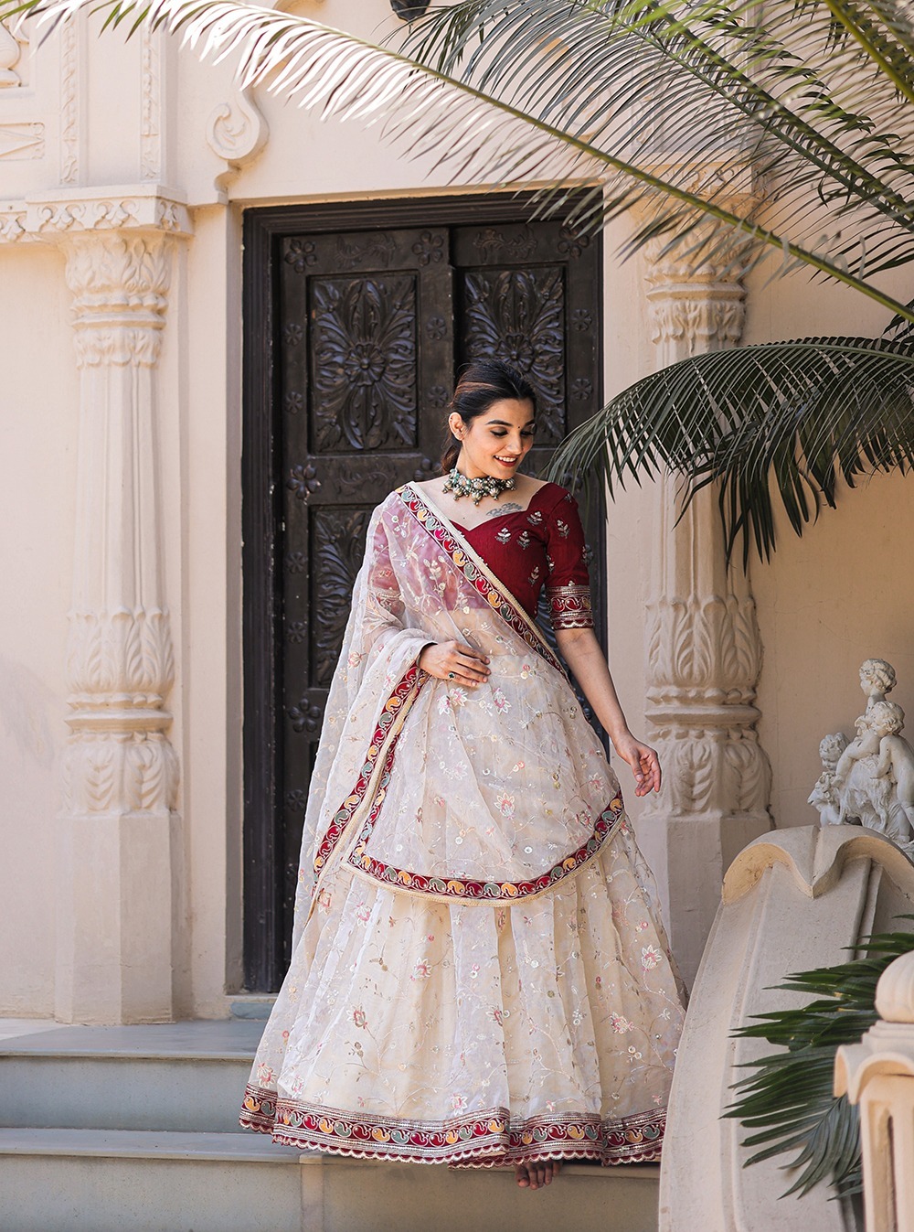 Navratri Special white & red Designer Lehenga Choli With Printed Butter  Silk Material, Zari And Mirror