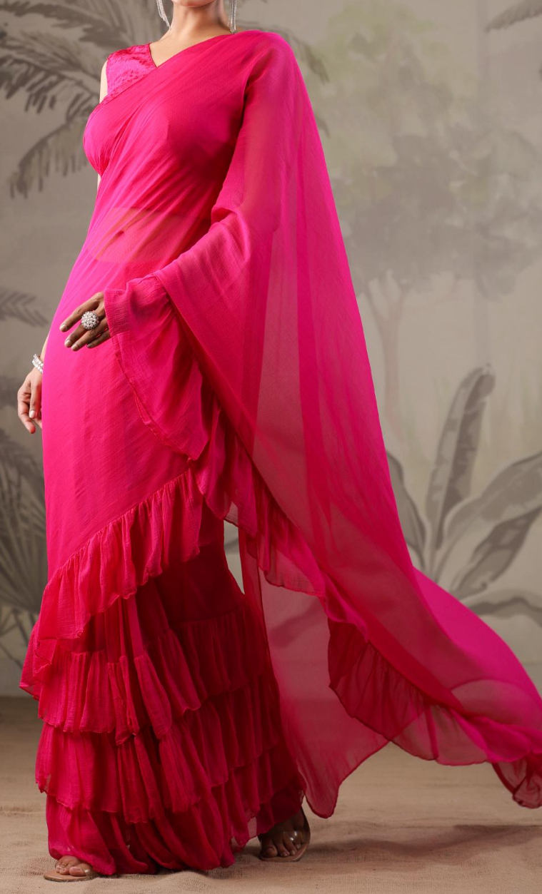 Pure Chiffon Ruffle Saree With Stitched Blouse In Hot Pink