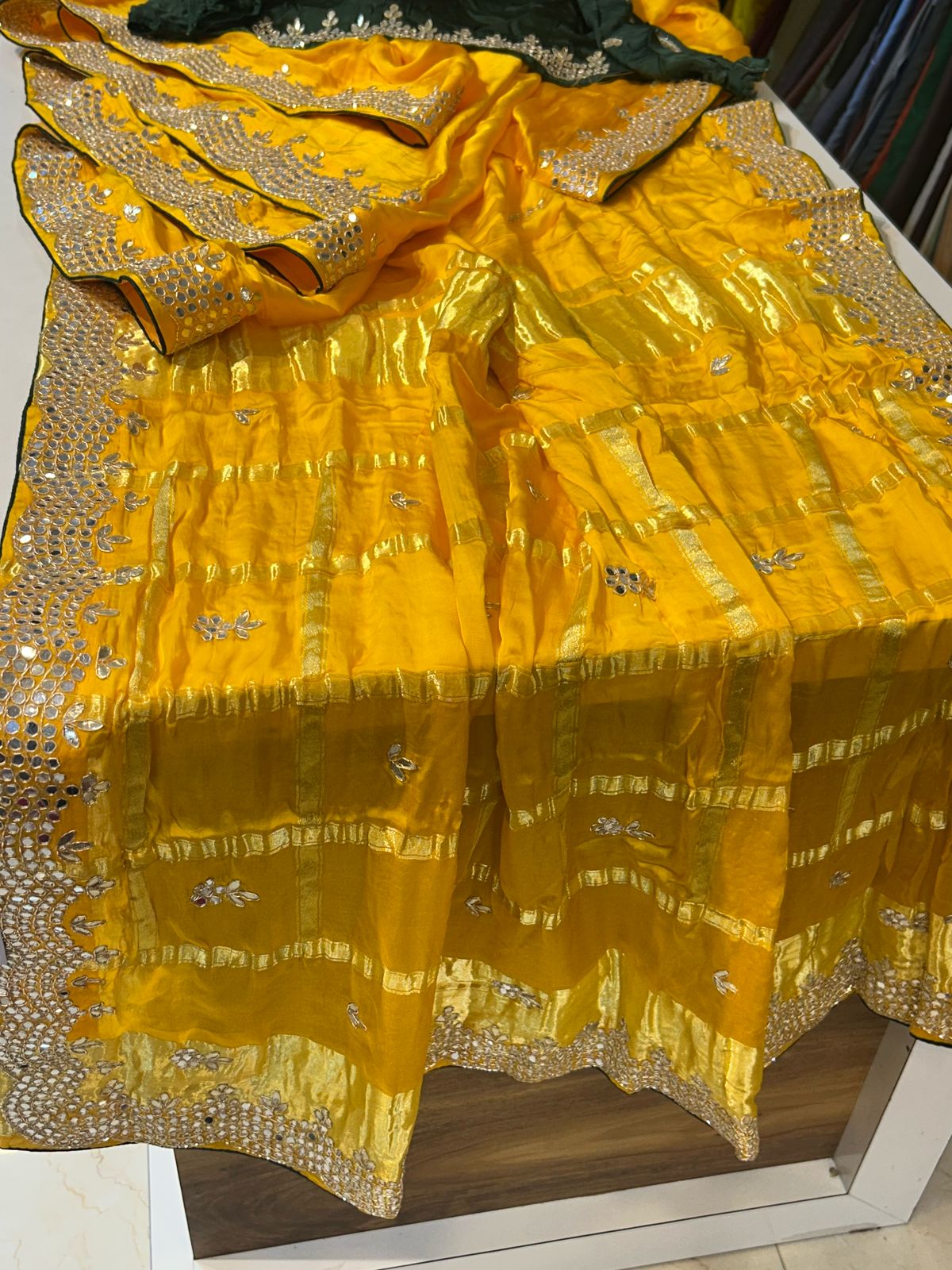 Designer Pure Modal Silk Saree In Golden Yellow With Pally Chex And Beautiful Mirror Work