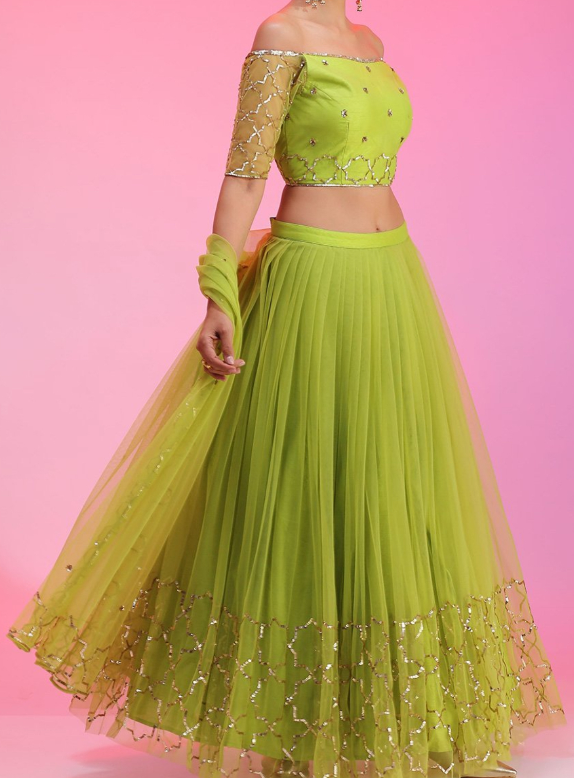 Premium Quality High Range Net Sequin Lehenga Set In Neon Green